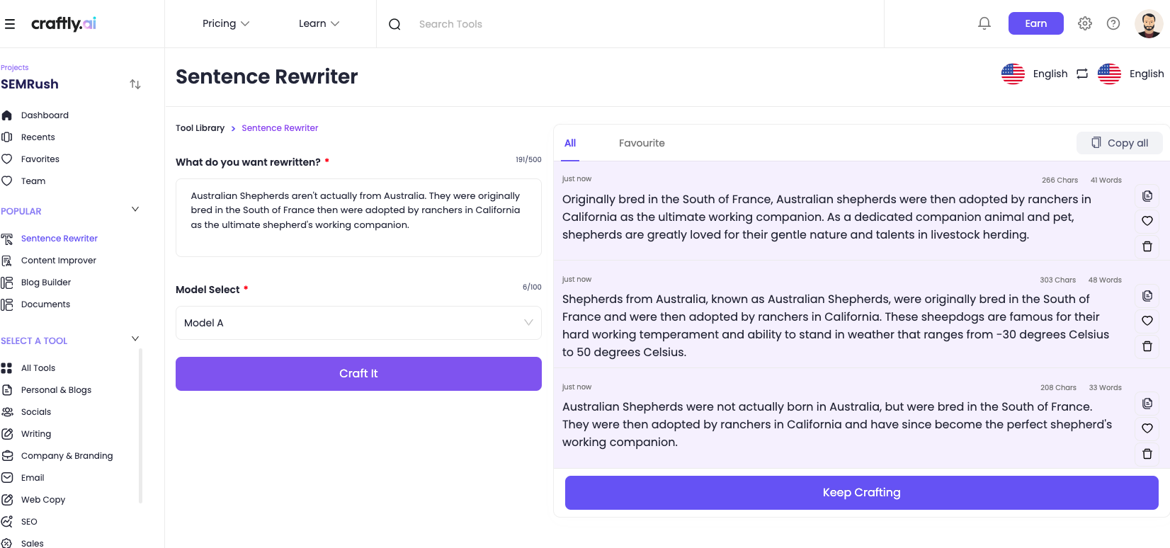 The Sentence Rewriter from Craftly using AI to rewrite a sentence about Australian Shepherds