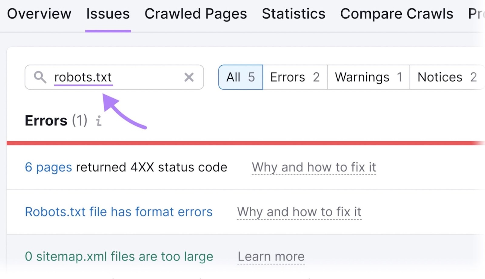 Results for "robots.txt" under the "Issues" tab in Site Audit tool