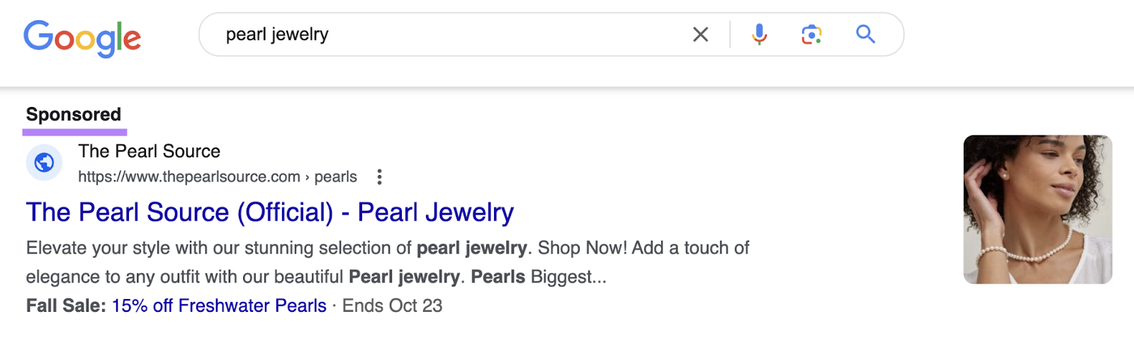 search for pearl jewelry shows results at the top of the SERP with sponsored label