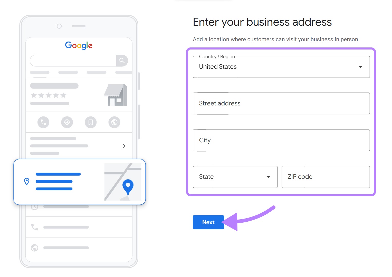 "Enter your business address" window in Google Business Profile page