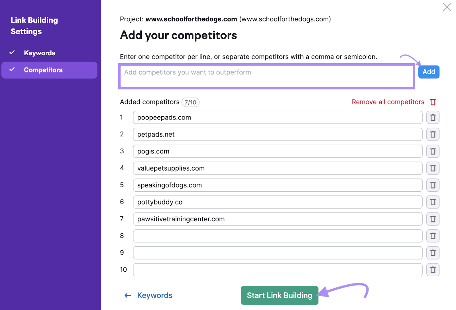 "Add your competitors" window in Link Building Settings