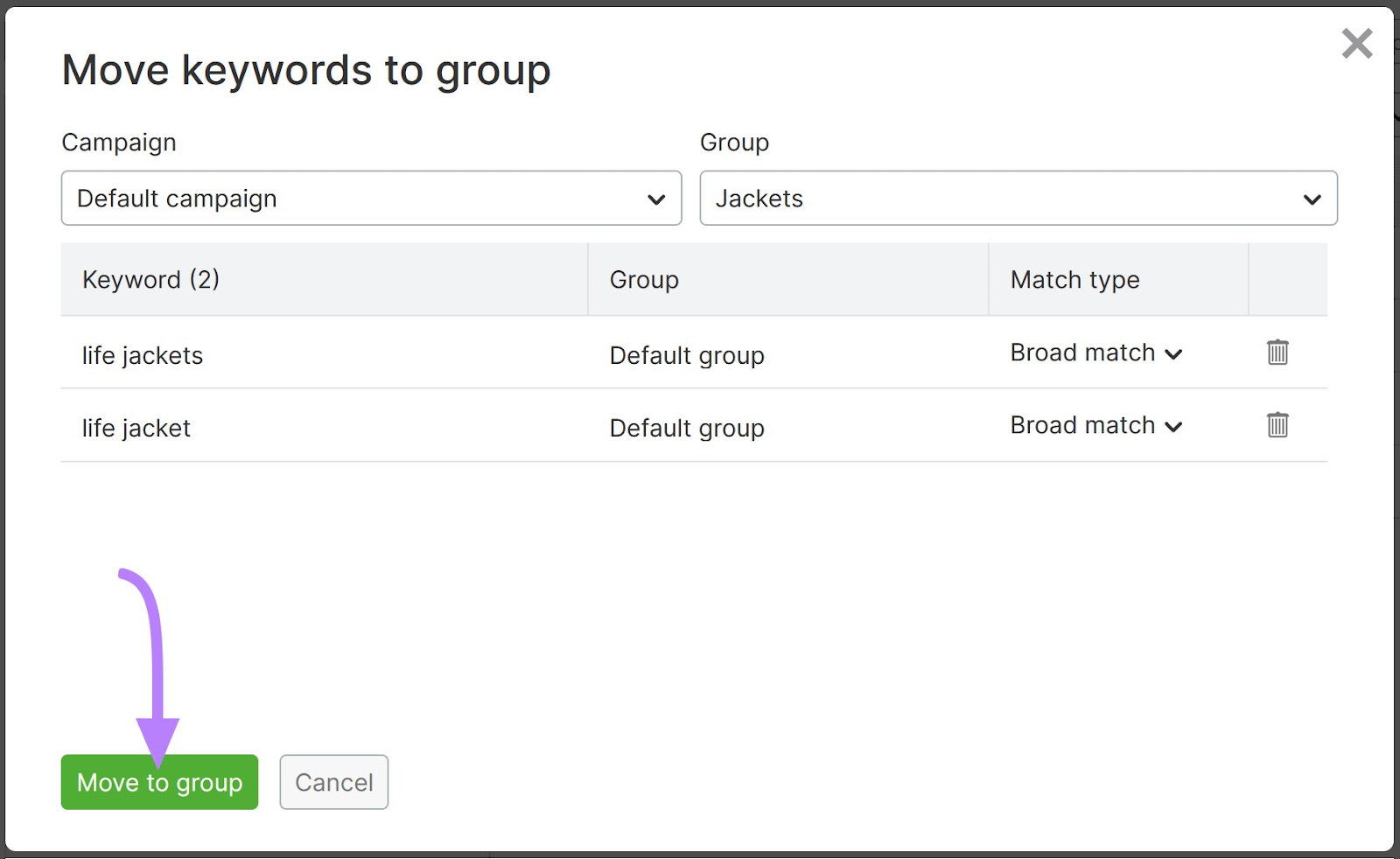 'Move to group' button selected in 'Move keywords to group' window in Semrush PPC Keyword Tool