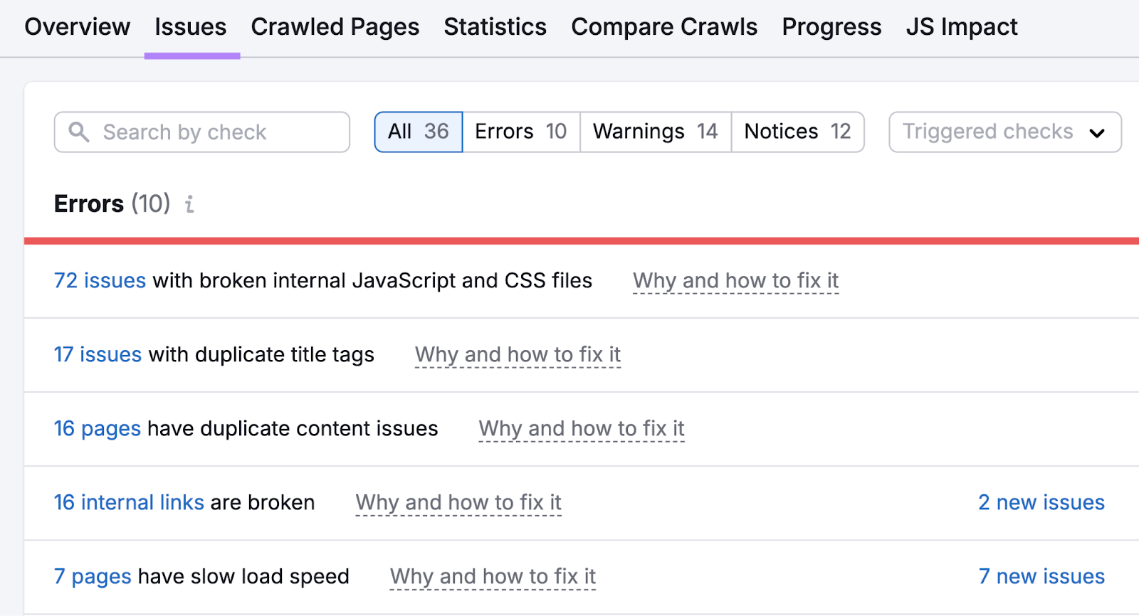 Issues report shows site errors like broken internal javascript and css files, duplicate title tags, broken internal links, and more