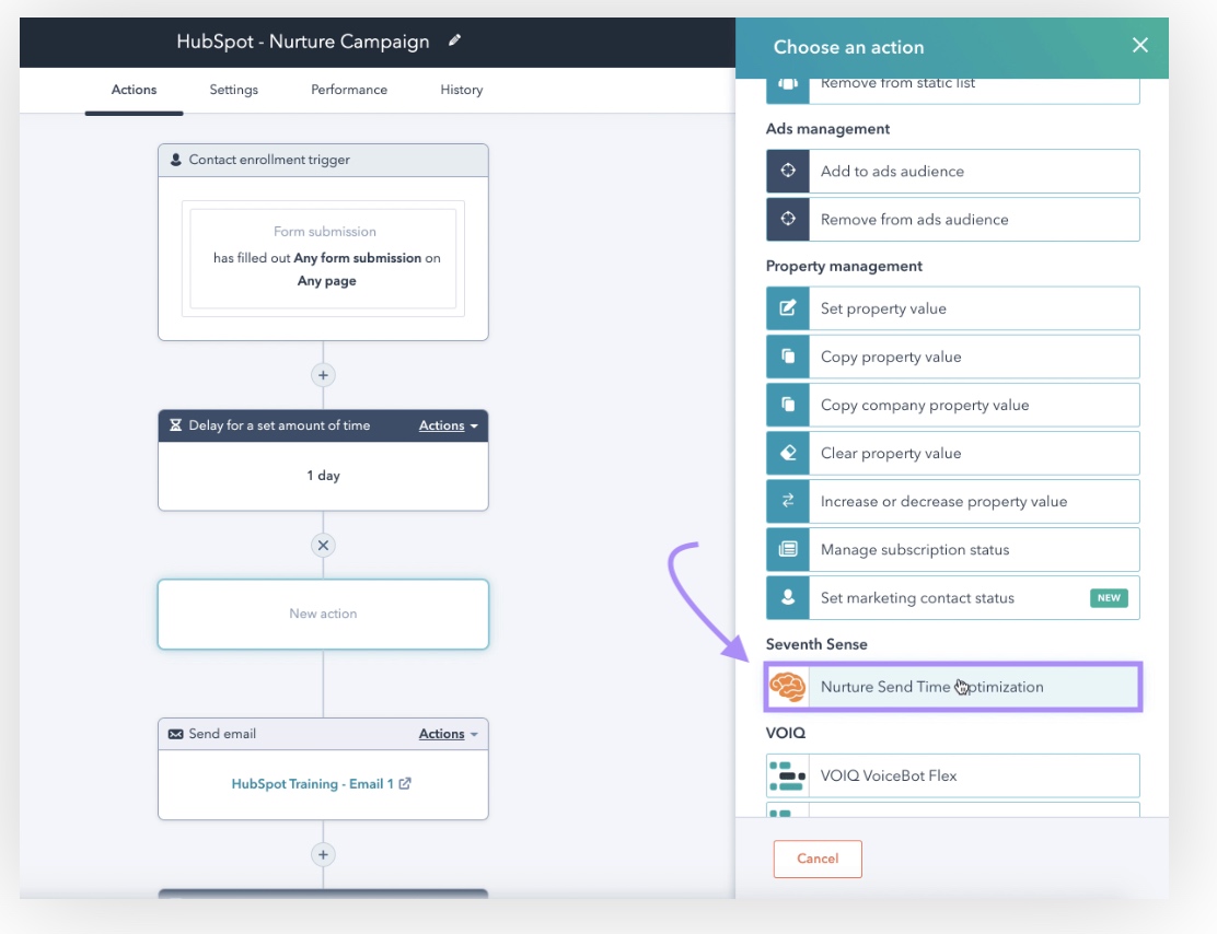 “Nurture Send Time Optimization (STO)” action highlighted