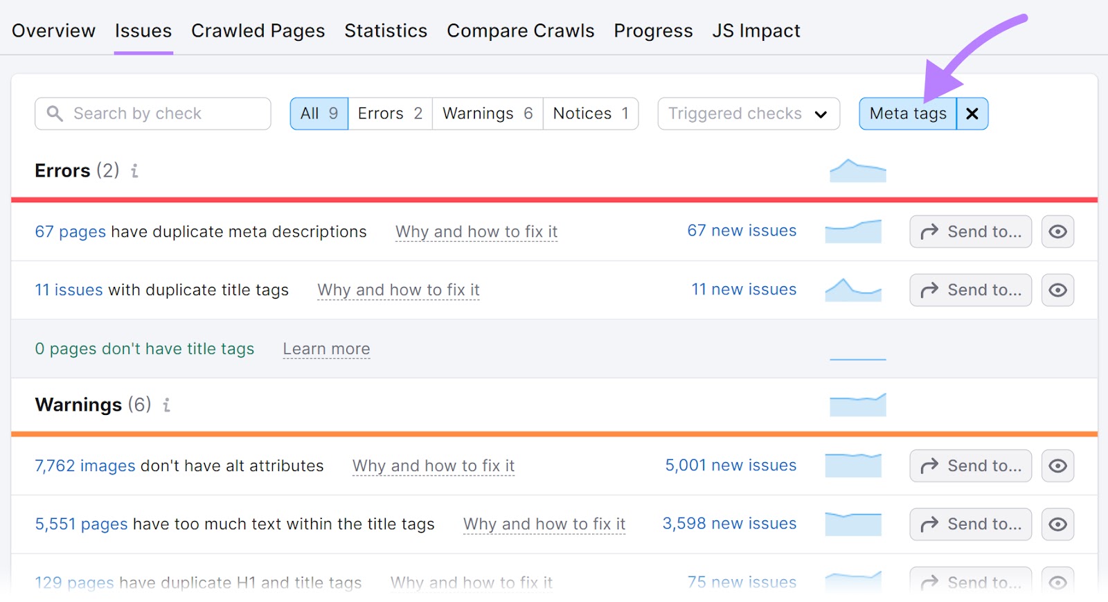 Check for Open Graph meta tags issues under the "Issues" tab in Site Audit