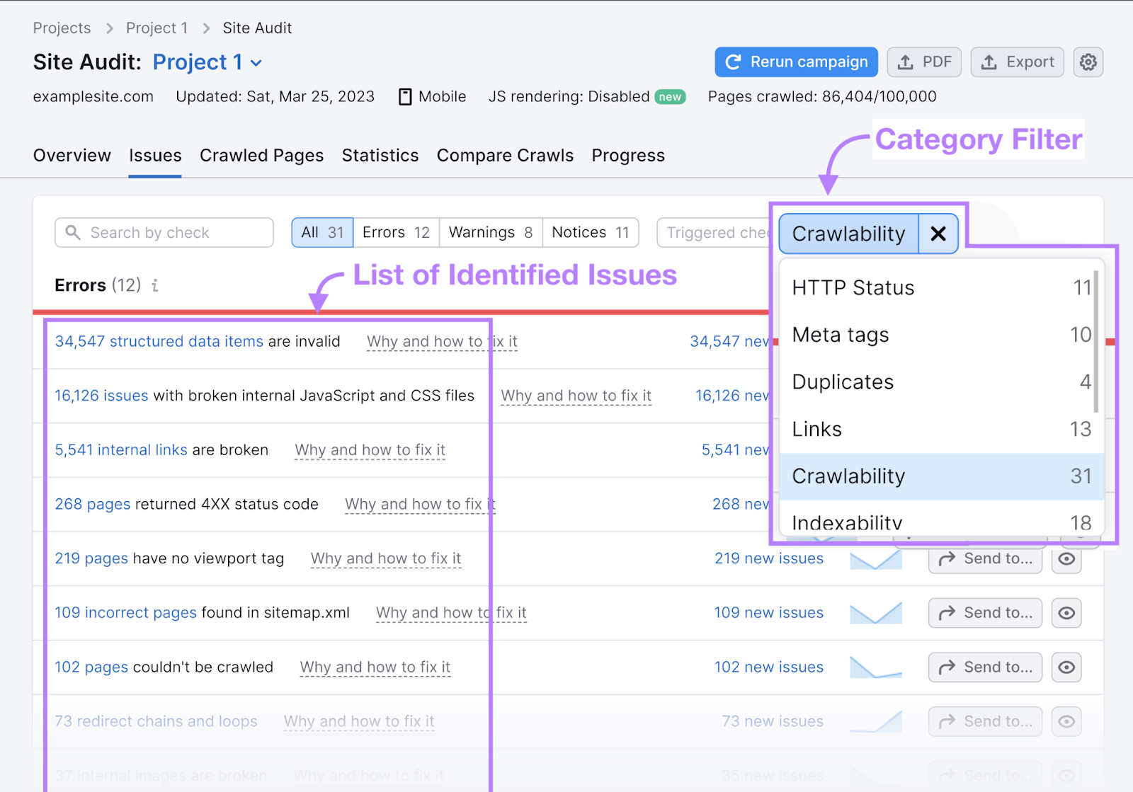 crawlability issues in Site Audit tool