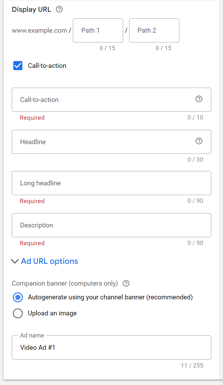 Display URL, CTA, long headline, and description settings in Google Ads