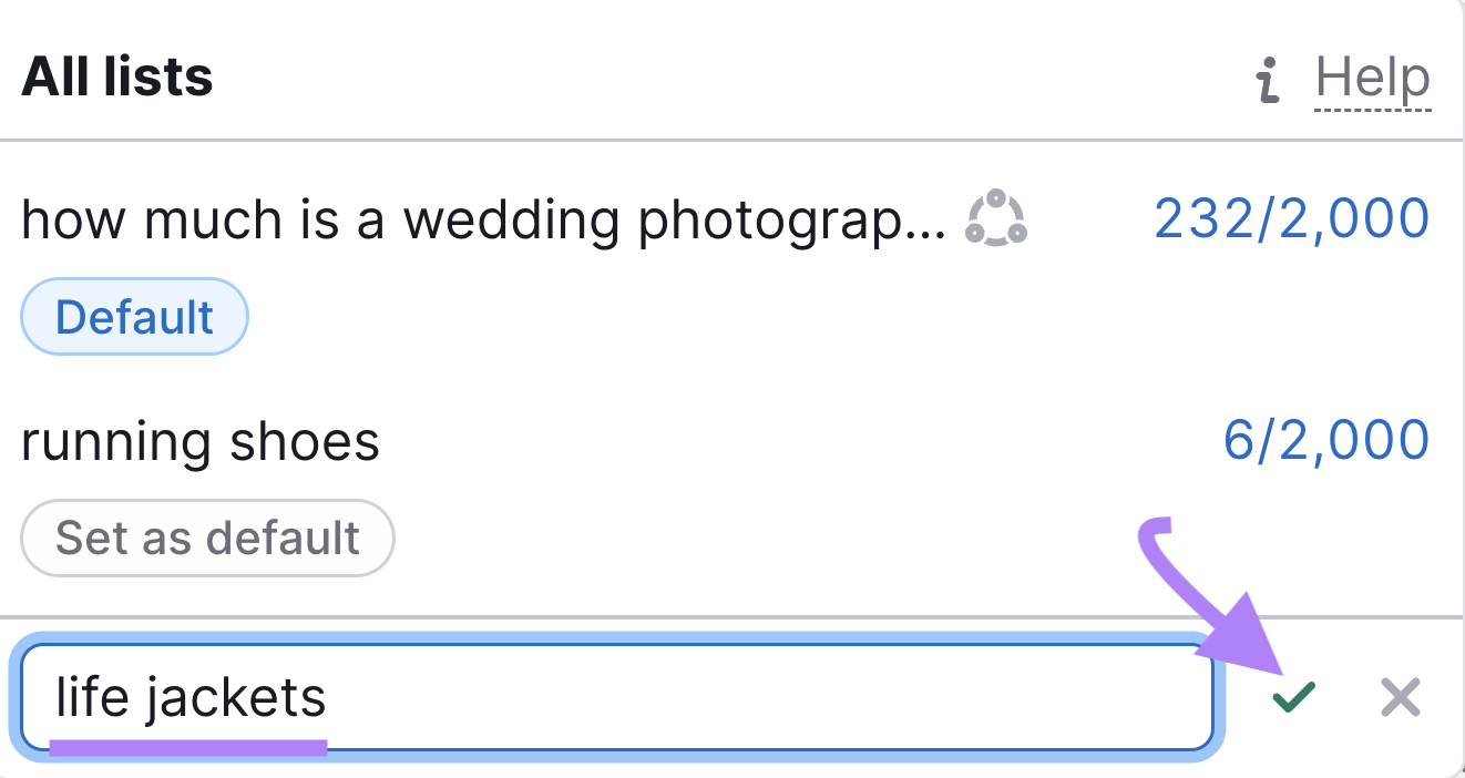 Semrush Keyword Magic Tool 'All lists' feature with 'life jackets' added into new list name field