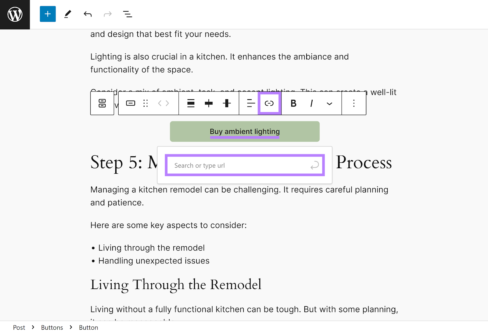 CTA button in WordPress editor with add url option selected and highlighted.