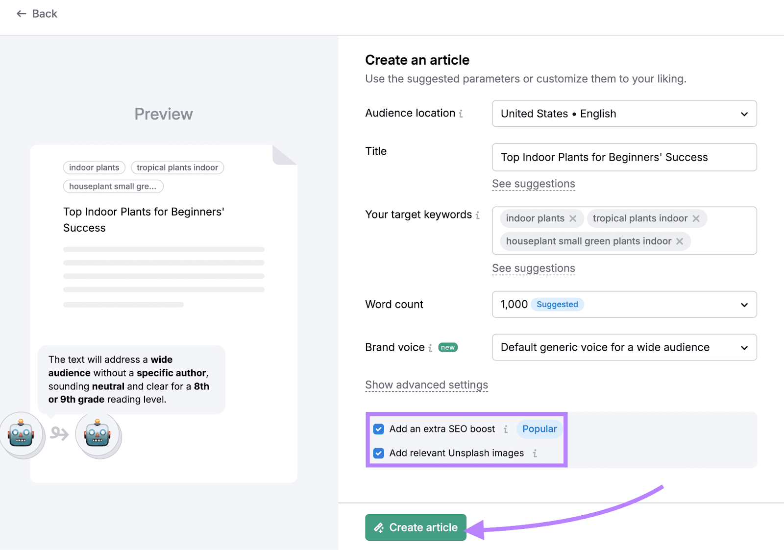 "Create an article" form with field for audience location, title, target keywords, word count, and brand voice.