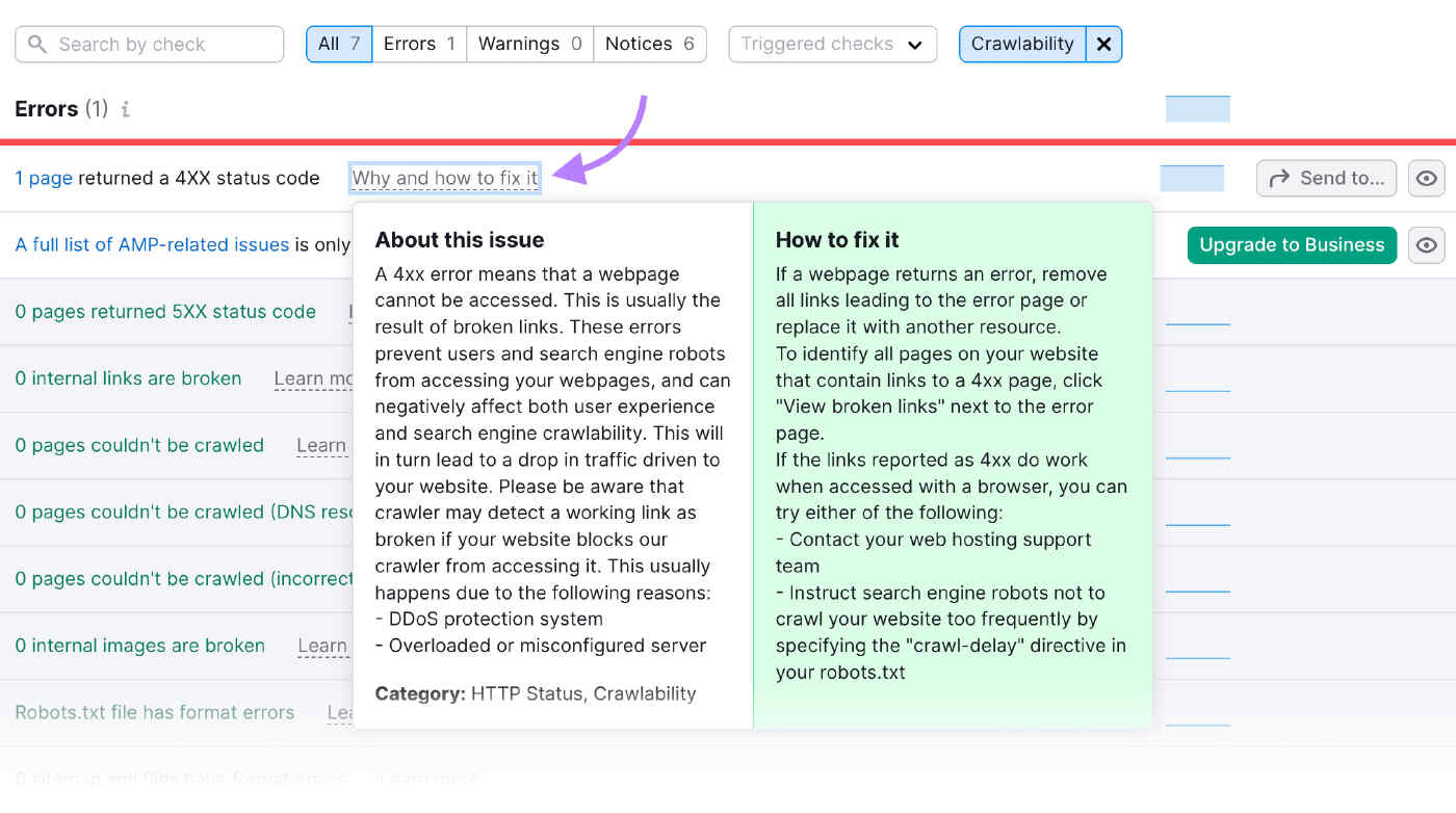 an example of “Why and how to fix it” section explaining 4xx error and how to fix it