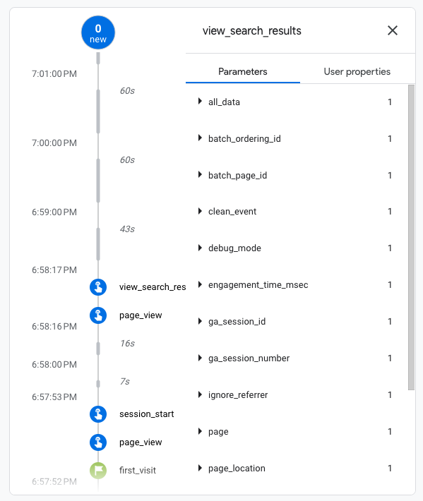 "view_search_results" event overview in the “DebugView” report