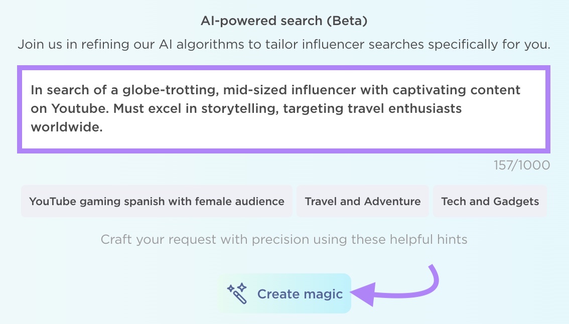 AI-powered search on Influencer Analytics with a description of a desired influencer profile entered and "Create magic" clicked.