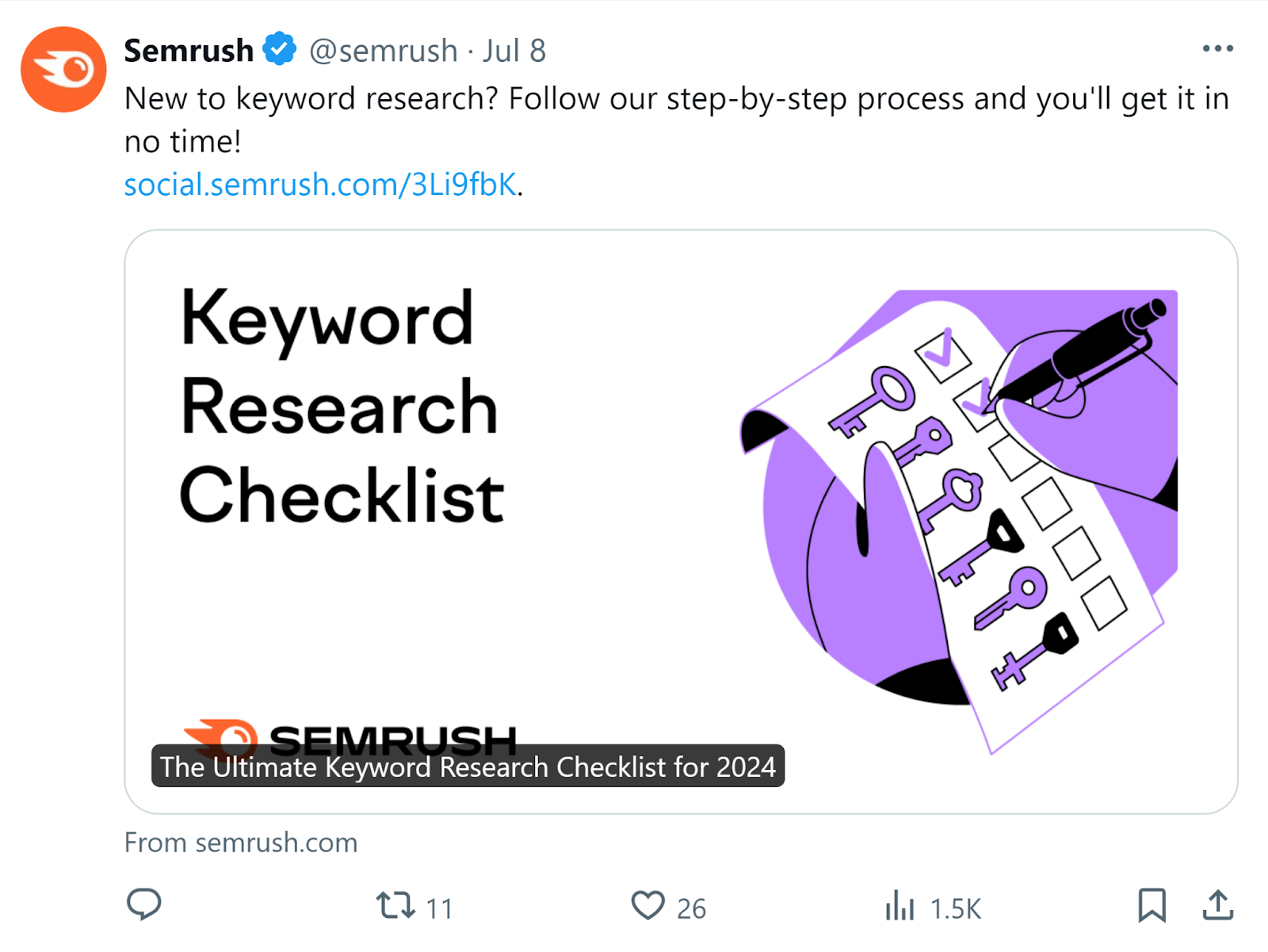 Semrush post on x.com sharing keyword research blog post