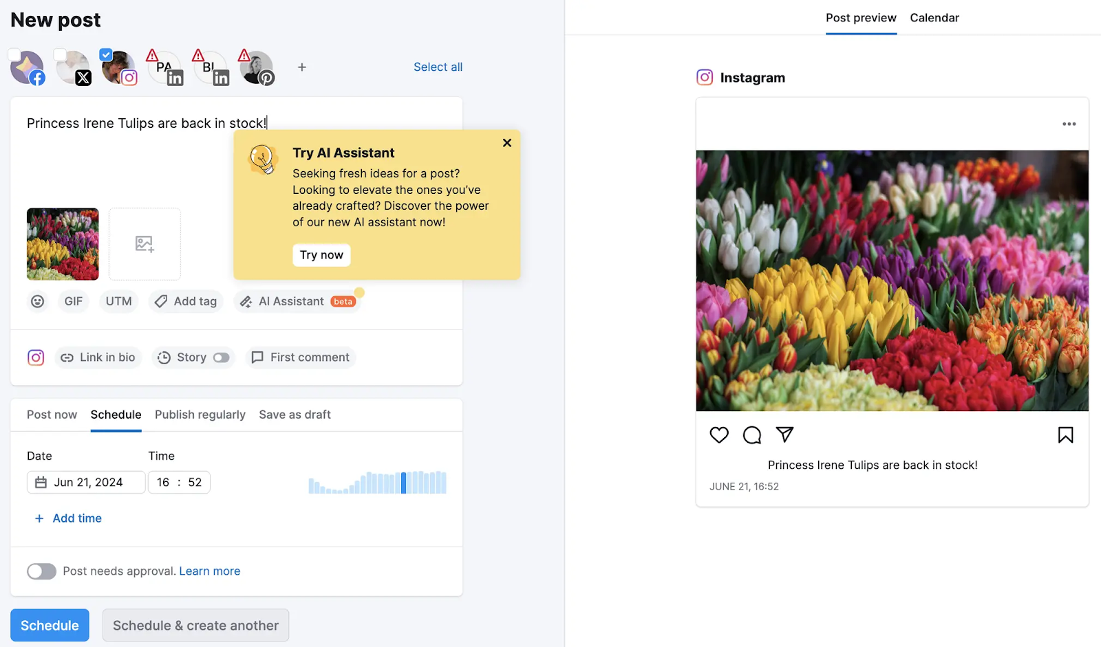 social poster tools has social media platform options, area to craft a caption, insert image, add tags, and schedule ahead