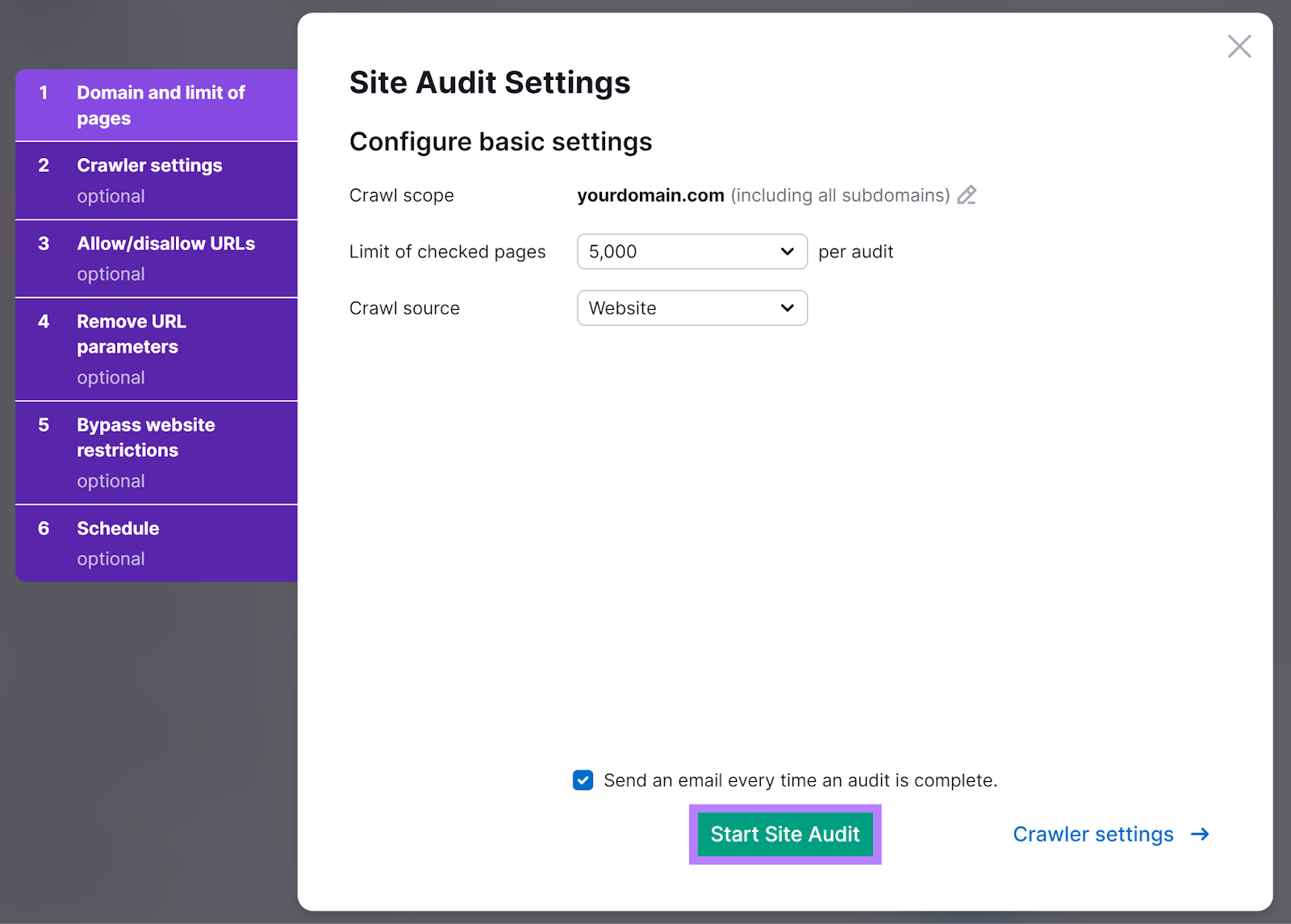 Site Audit settings popup with 'Start Site Audit' button highlighted