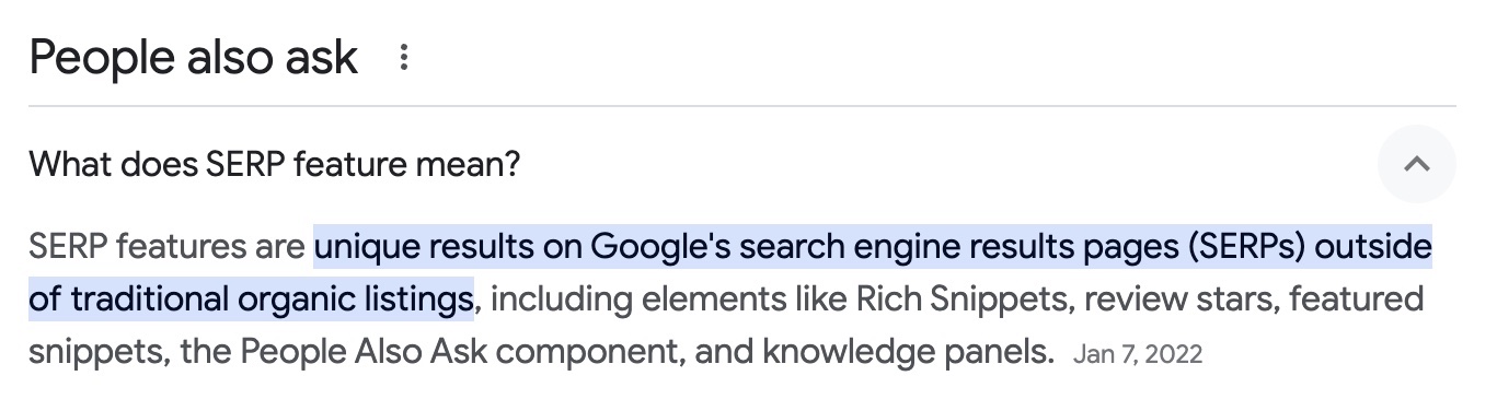 "What Are SERP Features?" section from a blog post appearing as a result for "What does SERP features mean?" in the PAA section of the SERP