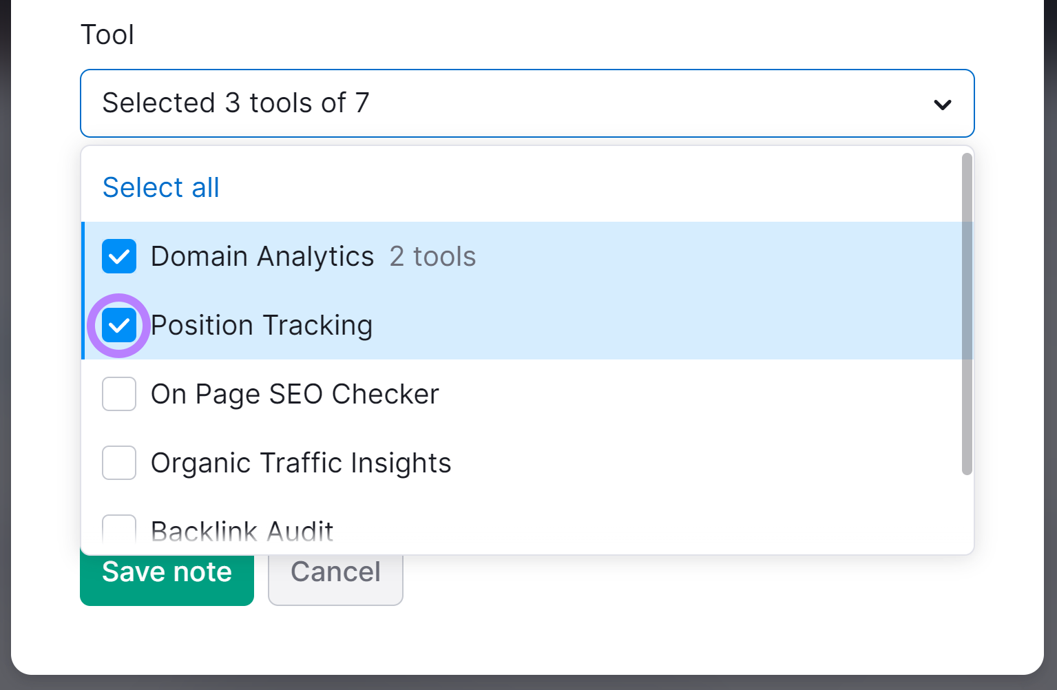 Tool dropdown menu expanded with Position Tracking checked and highlighted.