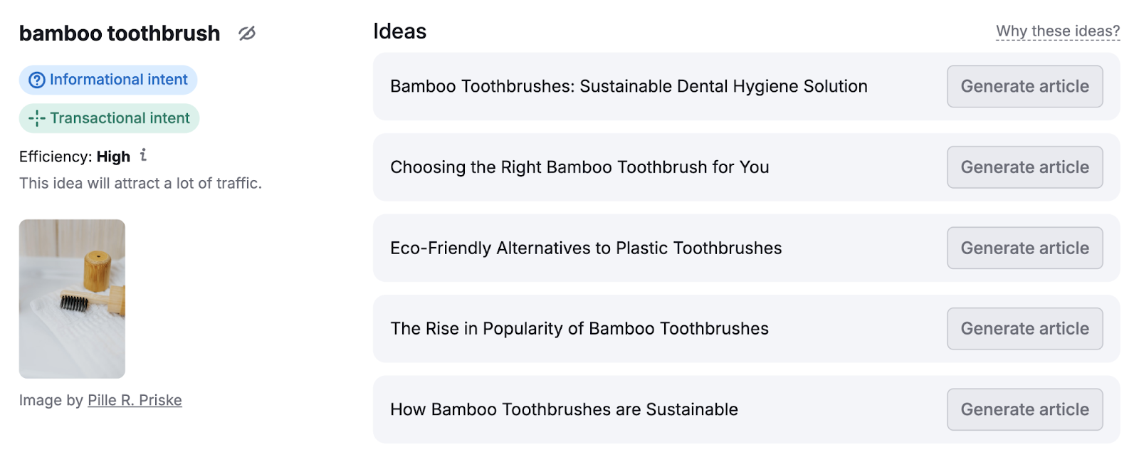 Ideas for the topic "bamboo toothbrushes" include "Choosing the Right Bamboo Toothbrush for You," "Eco-Friendly Alternatives to Plastic Toothbrushes," and more.