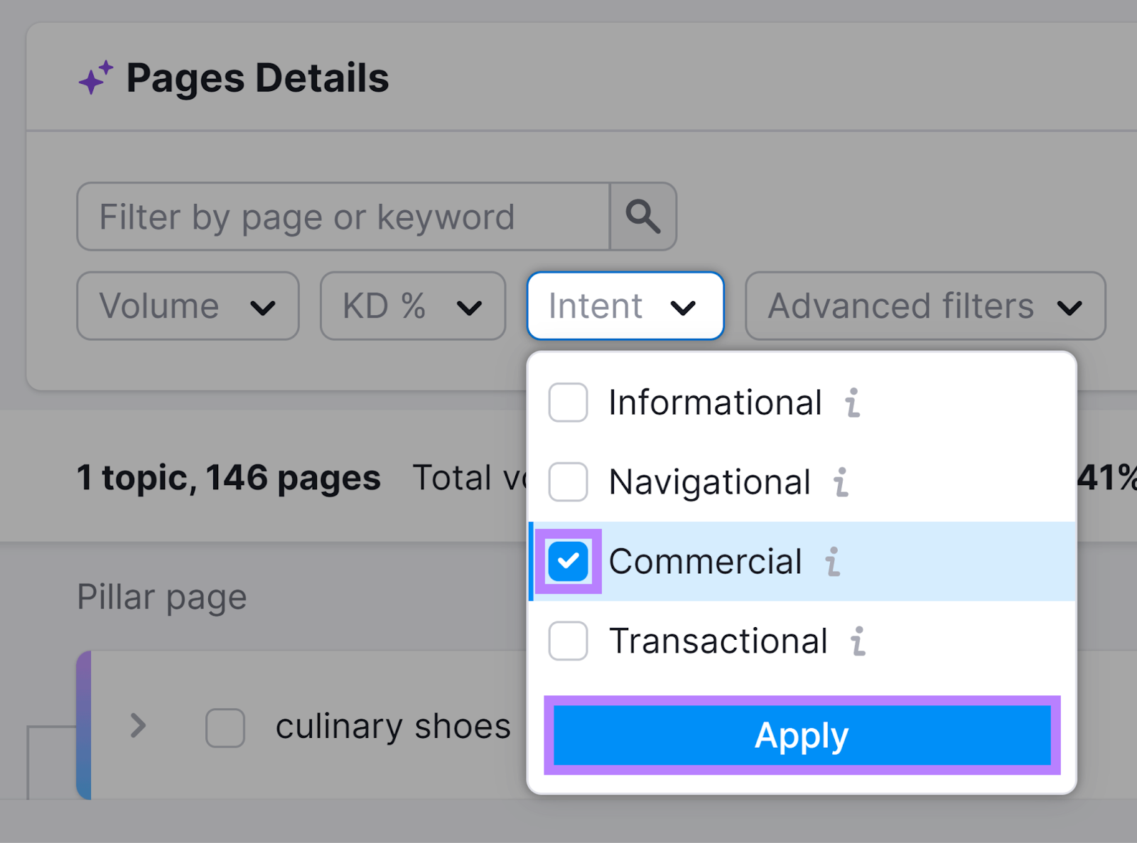 Intent filter selected, 'Commercial' checked, and Apply button highlighted