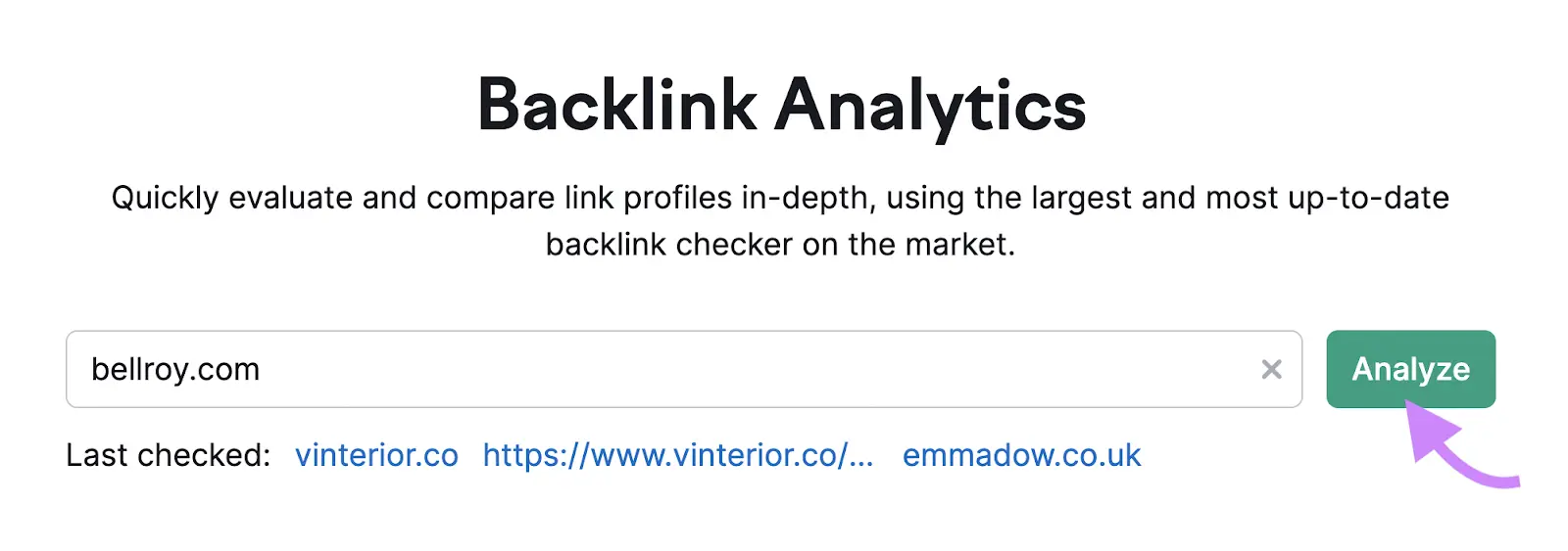 Backlink Analytics tool start with domain entered and arrow pointing to Analyze button