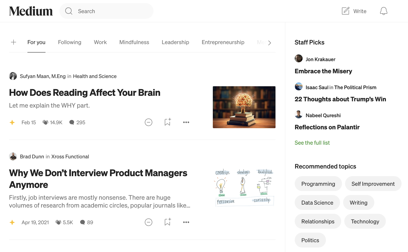 medium blogging platform shows thread of posts along with topics and staff picks