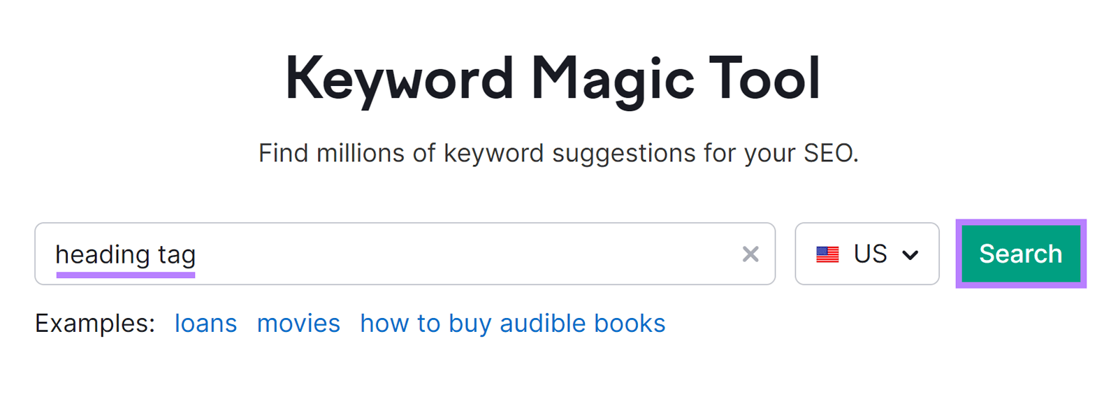 Keyword Magic Tool start with 'heading tag' entered in the input field and Search button highlighted.