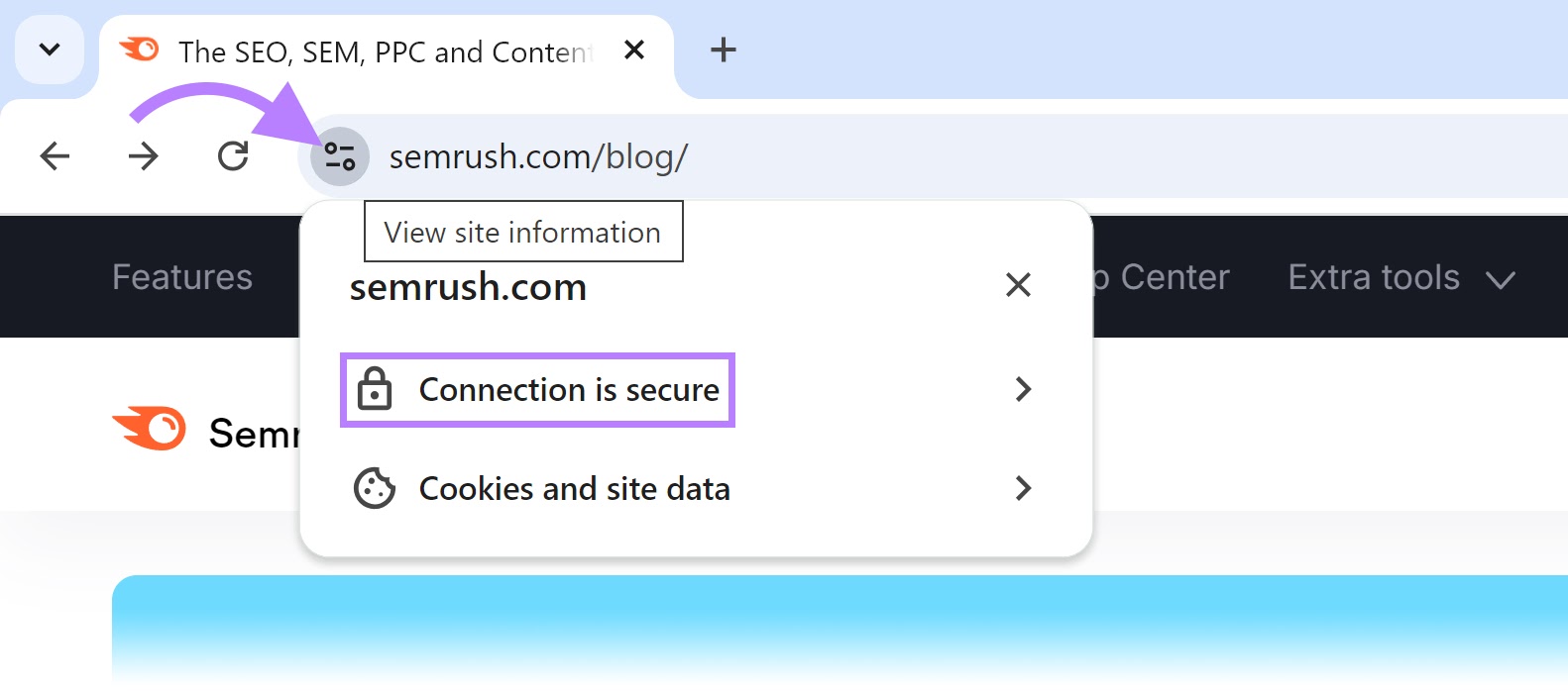 The secure connection icon for the Semrush blog page highlighted in the Google Chrome browser