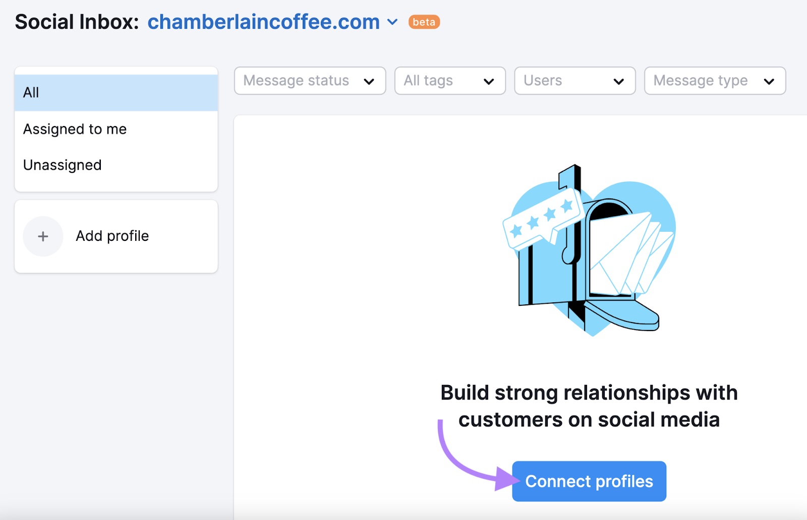 "Connect profiles" button in Social Inbox app