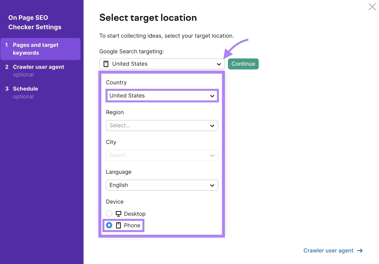 Semrush On Page SEO Checker's "Pages and target keywords" settings page with "United States" and "Phone" selected as the country and device respectively