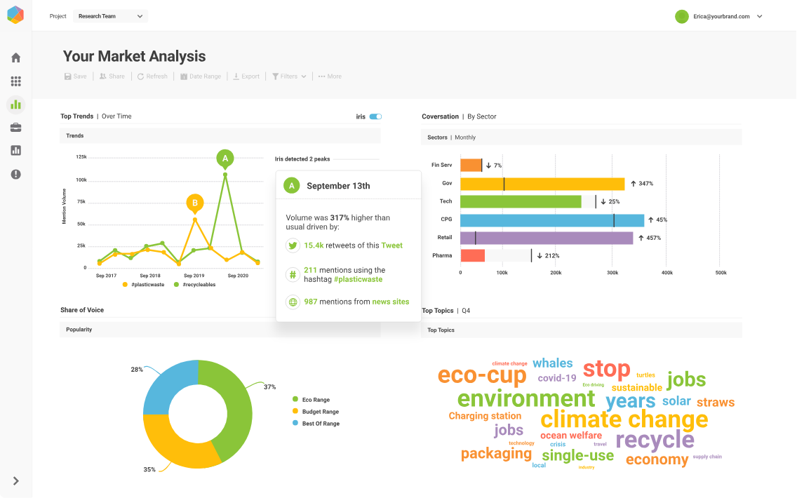 Market analysis data from Brandwatch in donut chart, bar chart, line graph and colorful word cloud.