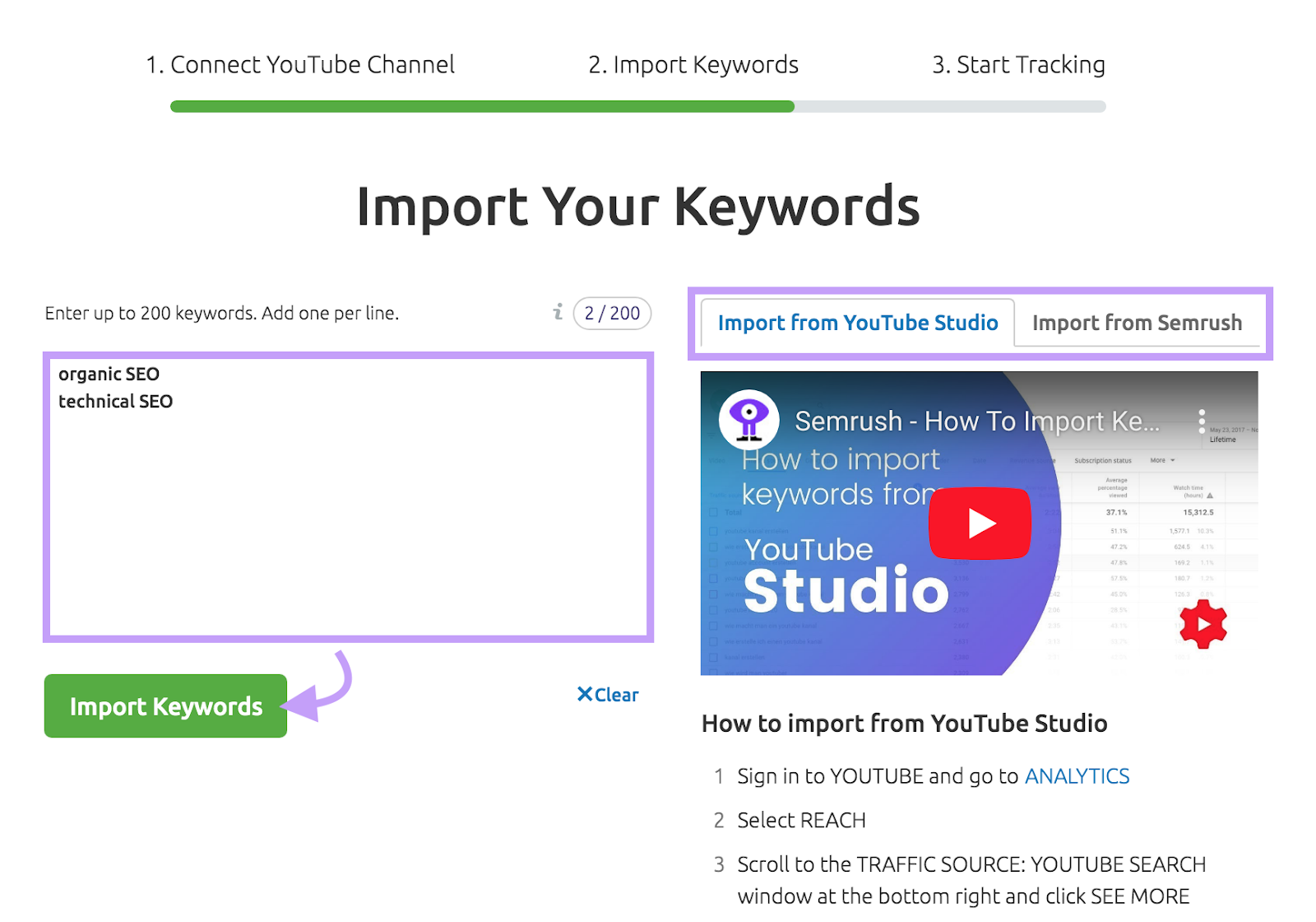 "Import Keywords" window in Rank Tracker for YouTube