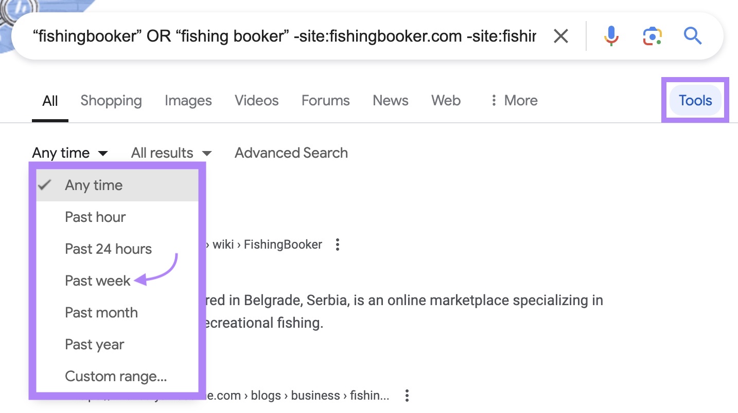 “Tools” at the top of the search results highlighted, as well as the time frame filter drop-down with an arrow pointing toward "Past week."