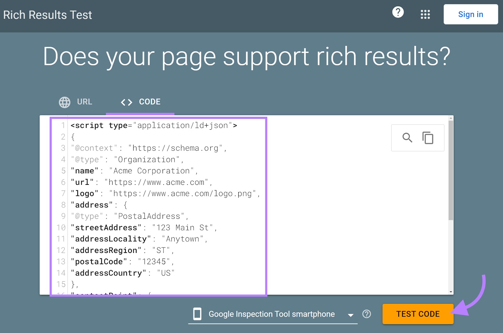 "Code" tab of the Google Rich Results Test tool with the script code and the "Test Code" button highlighted.