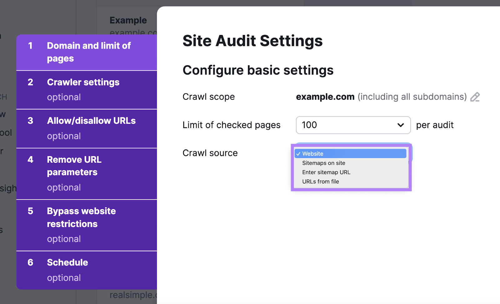 "Website" selected under the “Crawl source” drop-down menu