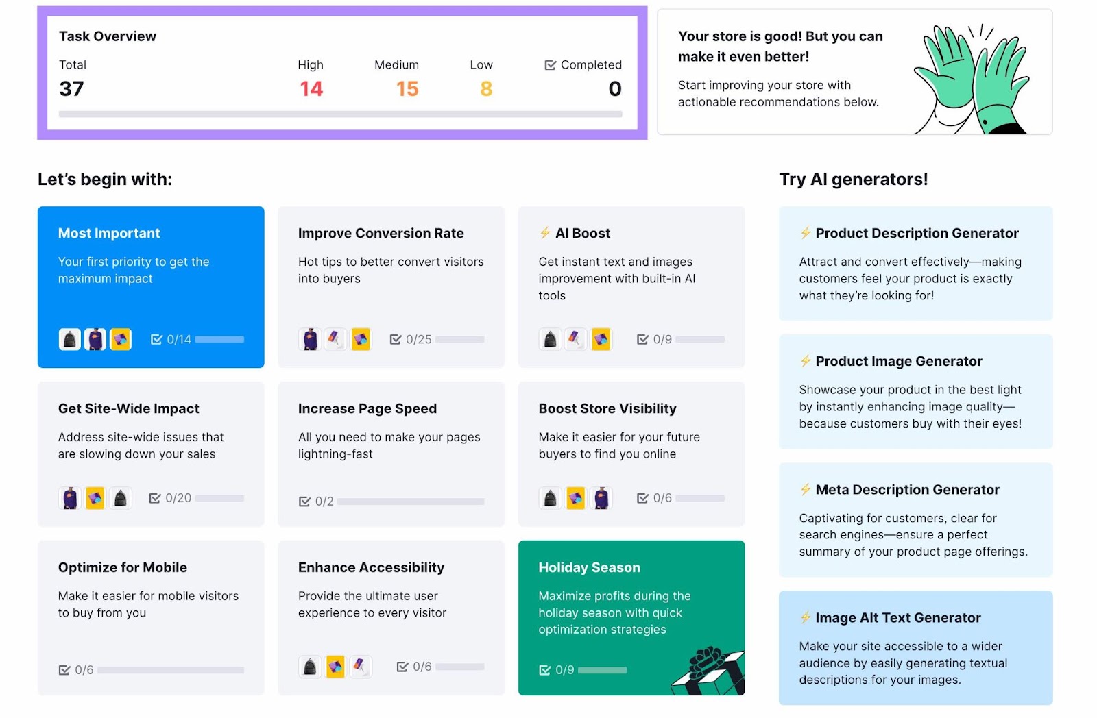 Task overview dashboard in Ecommerce Booster