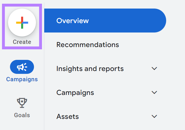 "Create" button highlighted on the Google Ads account page