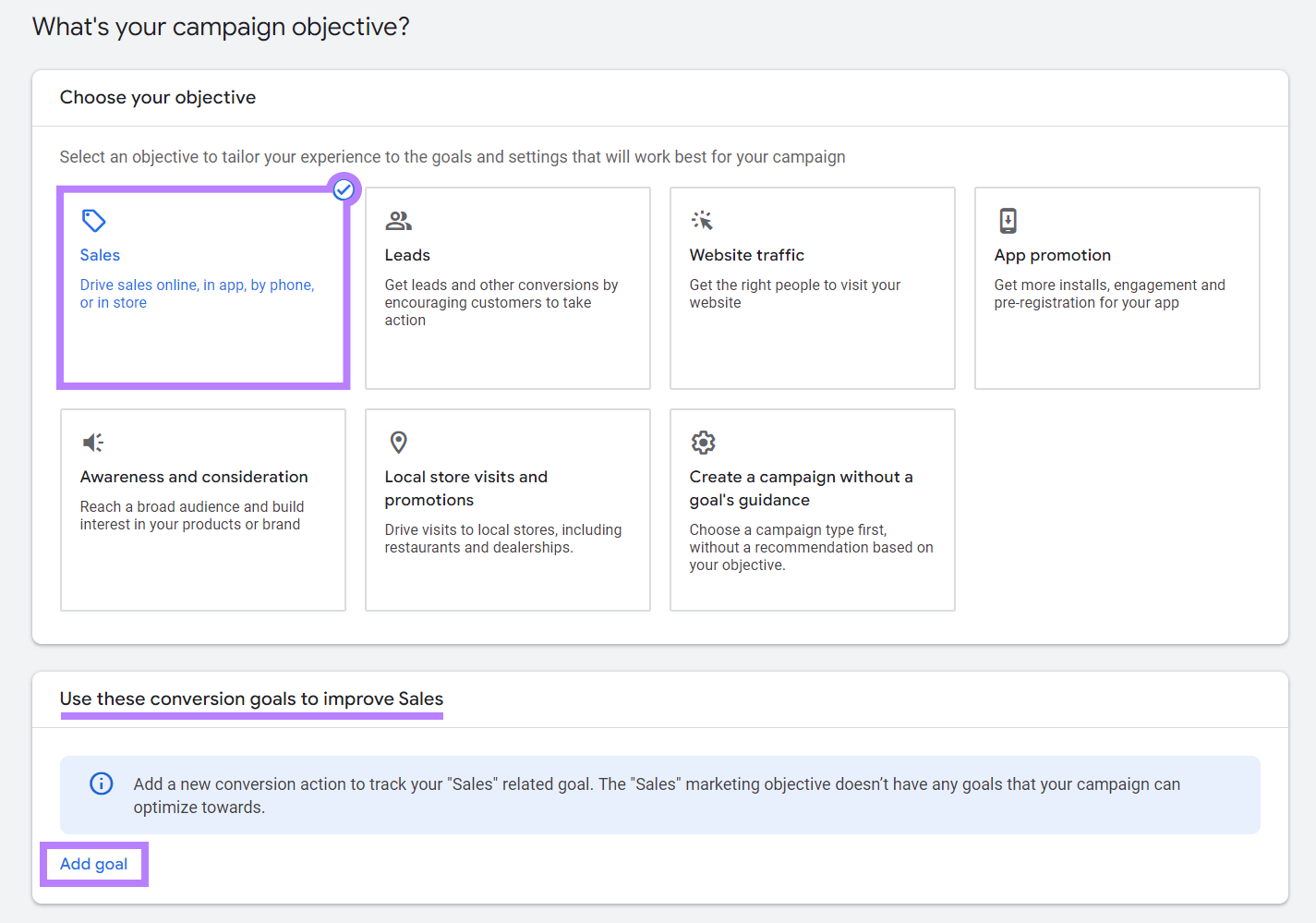 add goal under the selected sales objective