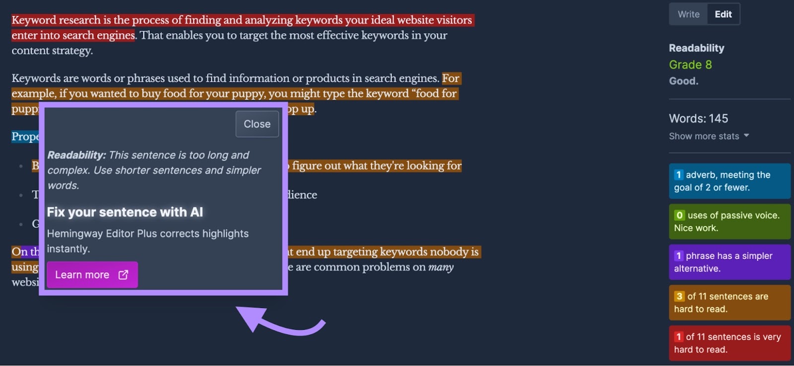 Hemingway Editor Plus suggestions to improve readability