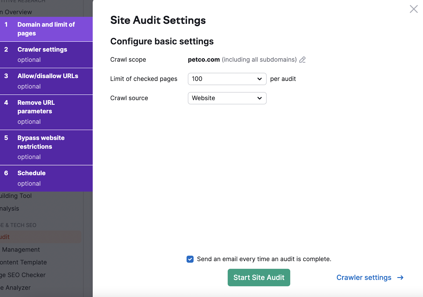 "Site Audit Settings" window