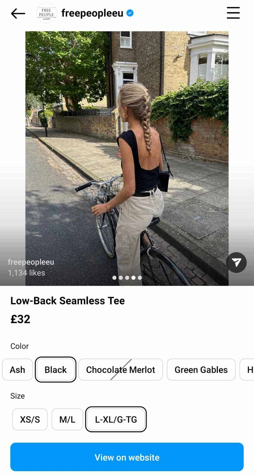 "Low-Back Seamless Tee" product displayed under Free People’s Instagram post