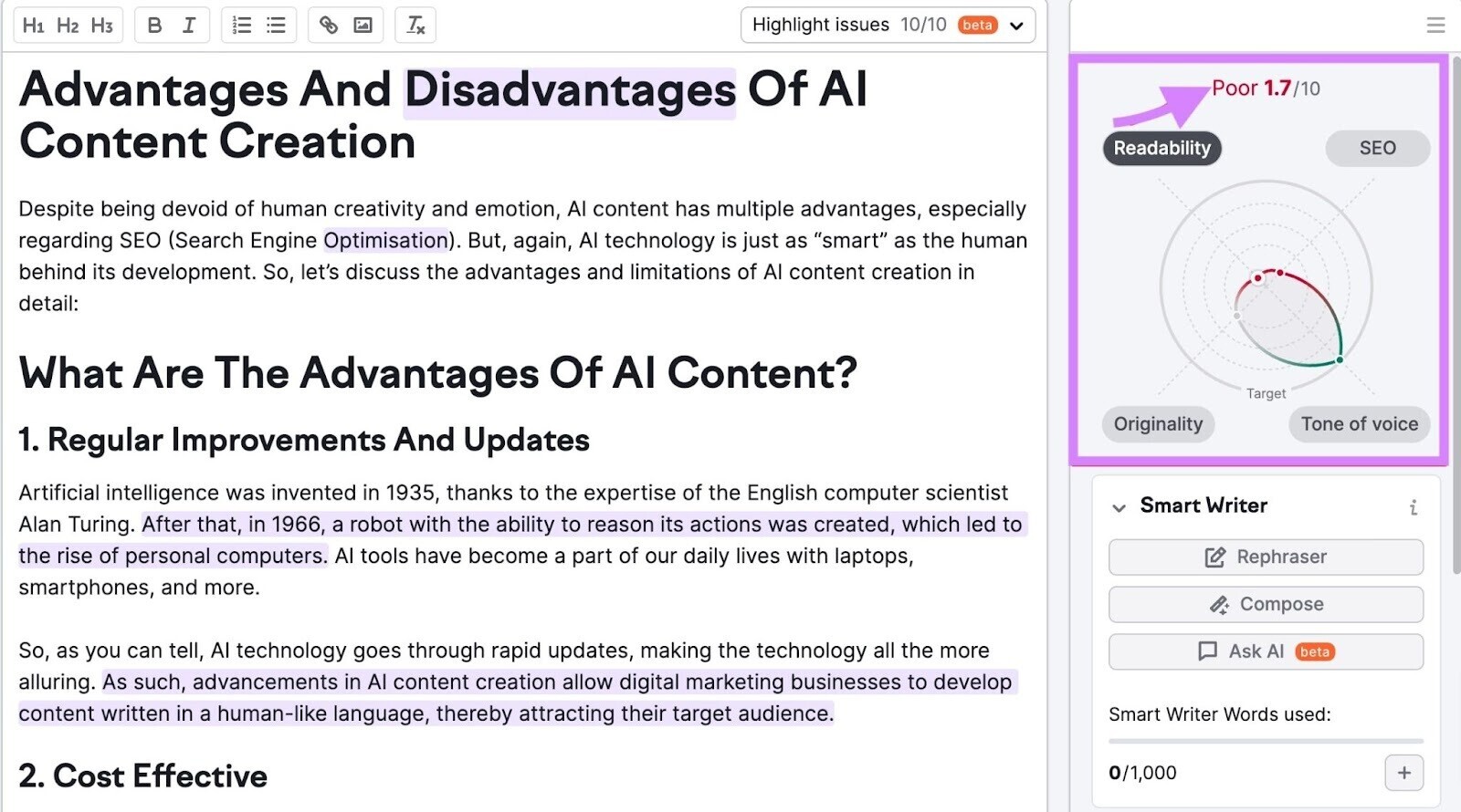 Content’s readability score highlighted in SEO Writing Assistant