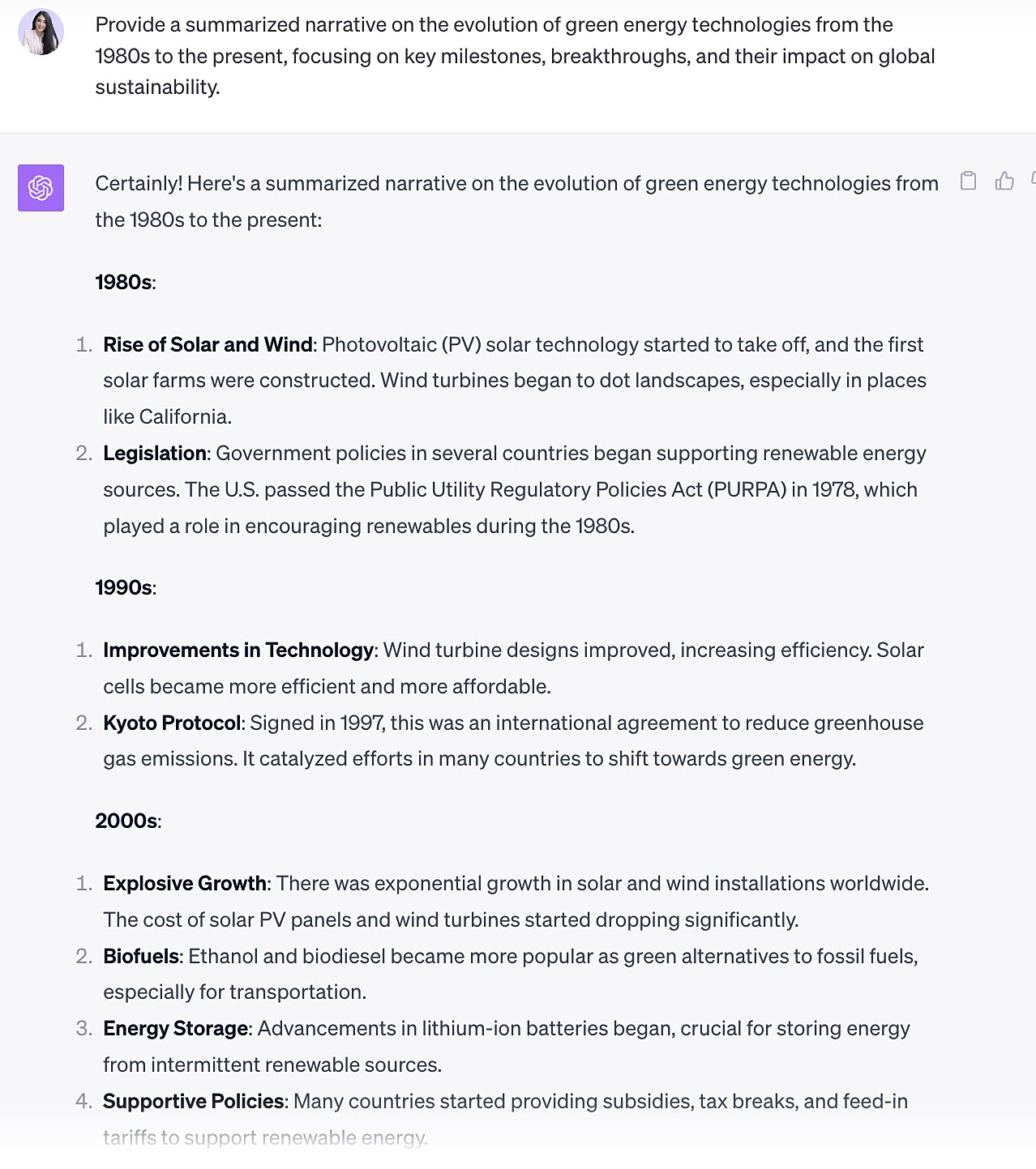 ChatGPT's response to a prompt asking it to provide a summary of the evolution of green energy technologies from the 1980s to the present