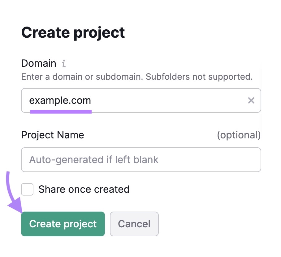 "Create project" window for setting up a Position Tracking Campaign with a domain entered and "Create project" clicked