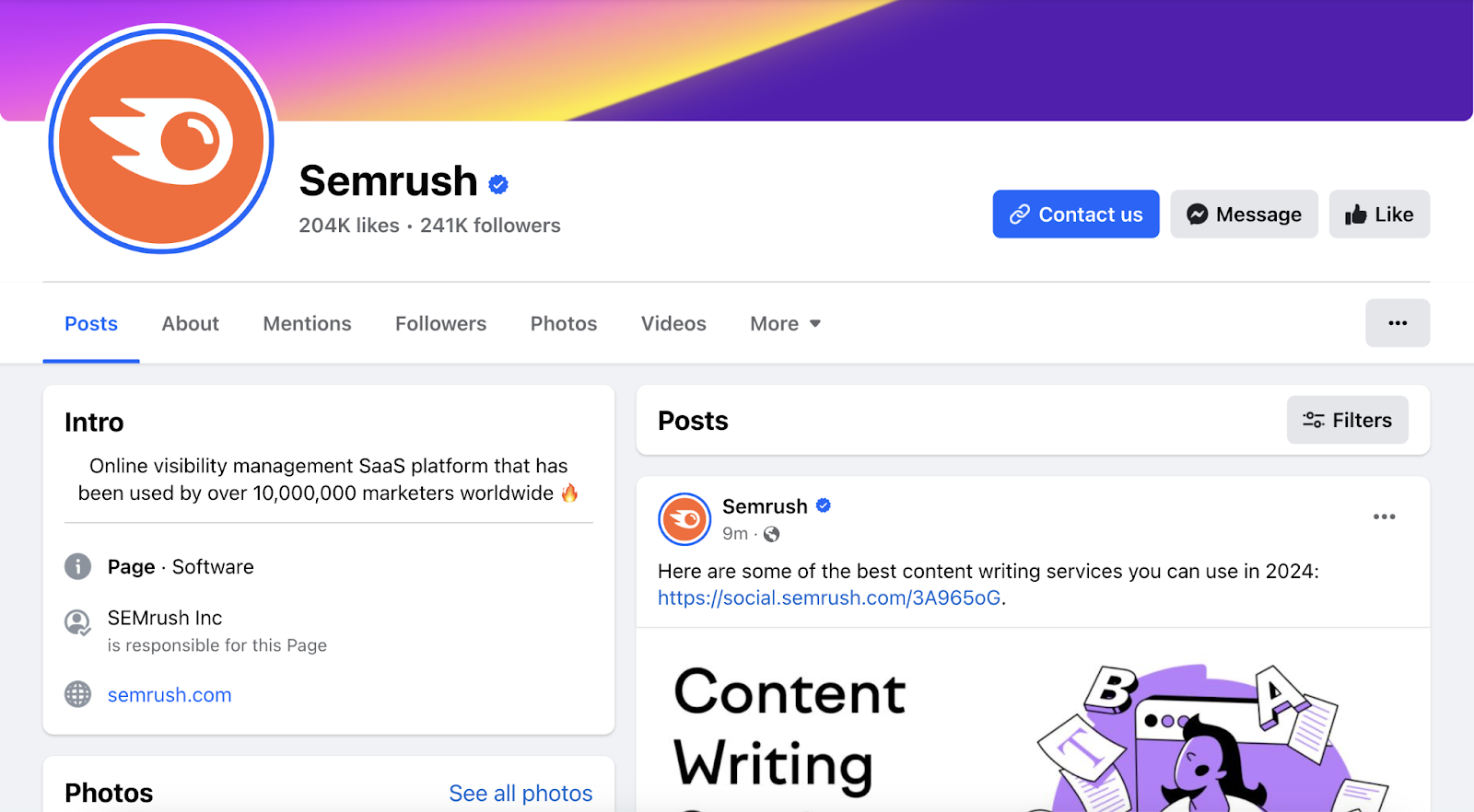 facebook profile has an about section and recent posts