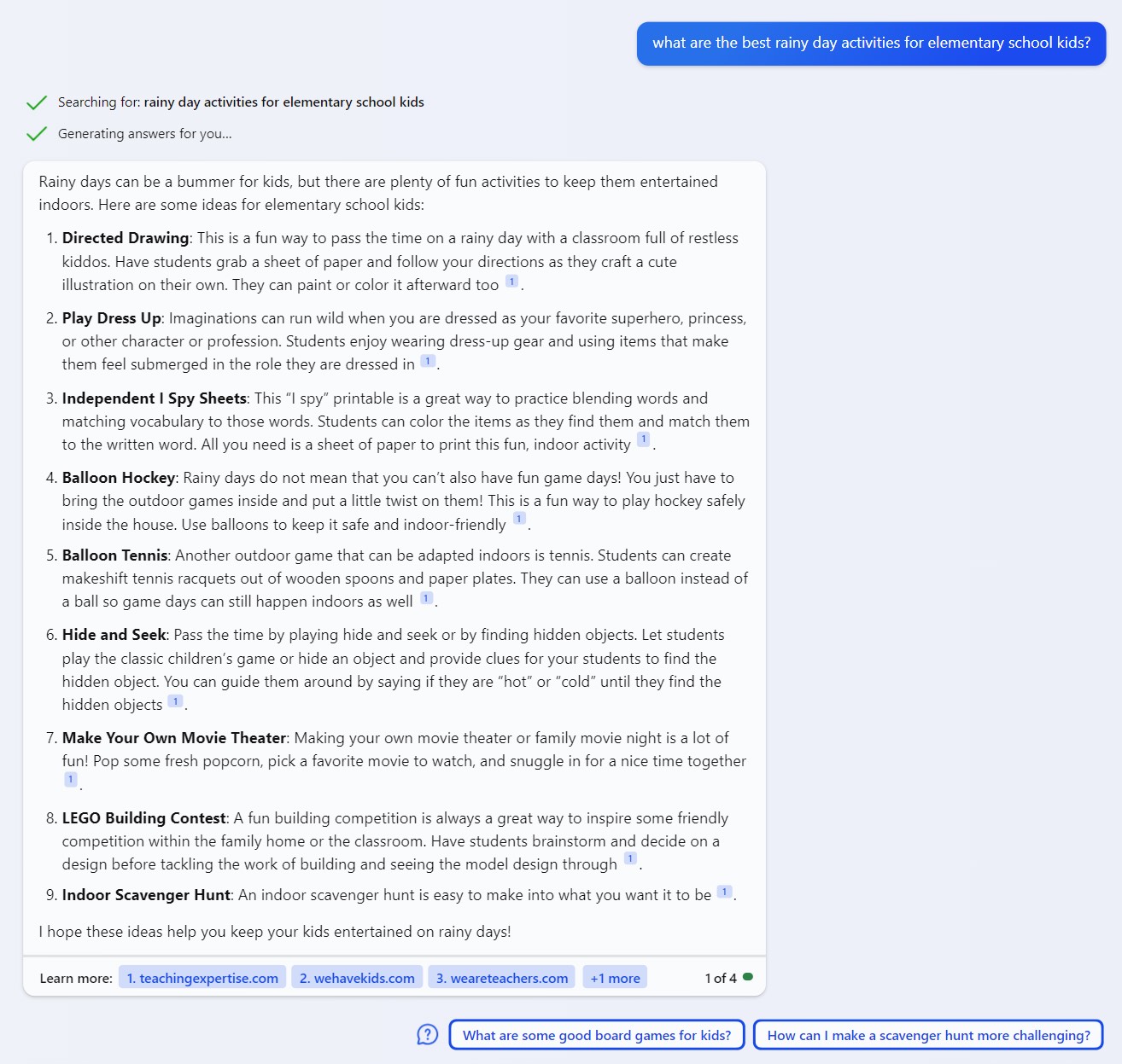 Bing’s AI response to "what are the best rainy day activities for elementary school kids?" query