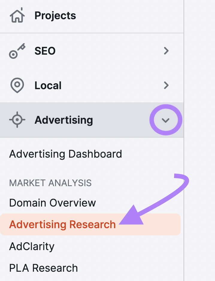 Advertising Research tool selected in the Semrush menu