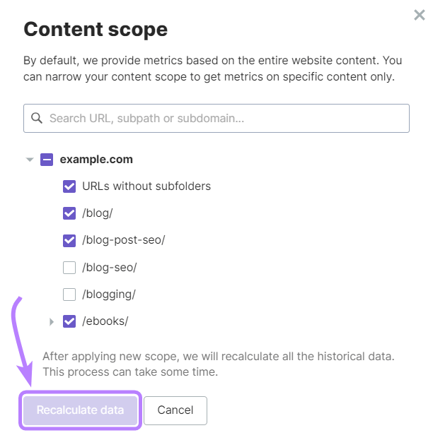 Adjusting the content scope in ImpactHero, by choosing URLs you want to have analyzed