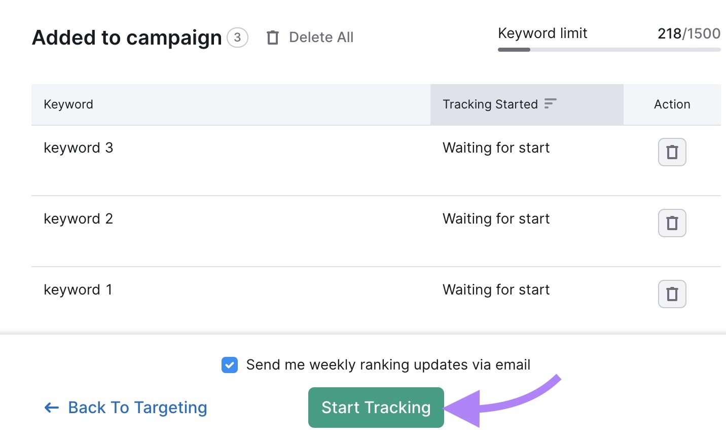 "Keywords" settings on the Position Tracking tool showing the keywords added to a campaign and "Start Tracking" clicked