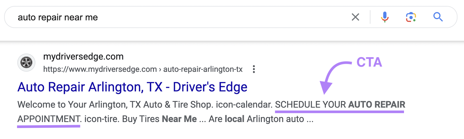 'auto repair near me' search result with cta highlighted in result's meta description